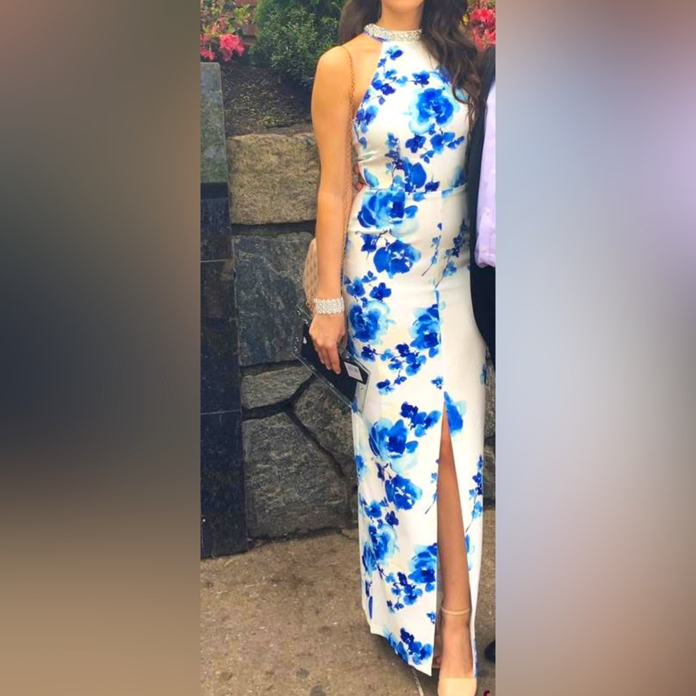 Blue Floral Women's Dress with embellished neck detail